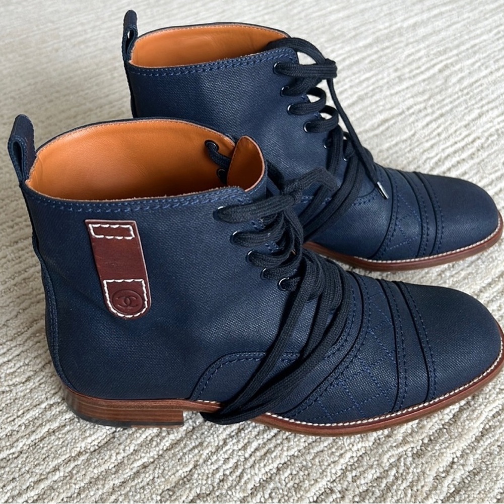 Chanel navy lace up booties